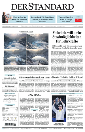 Prima pagina Der Standard di oggi - Quotidiano estero