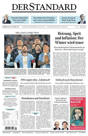 Prima pagina Der Standard di oggi - Quotidiano estero
