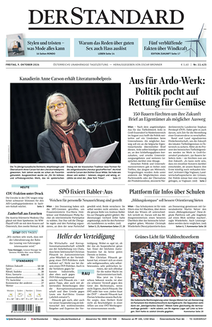 Prima pagina Der Standard di oggi - Quotidiano estero