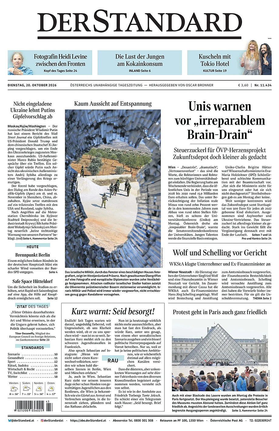Prima pagina Der Standard di oggi - Edicola 20 Ottobre 2026