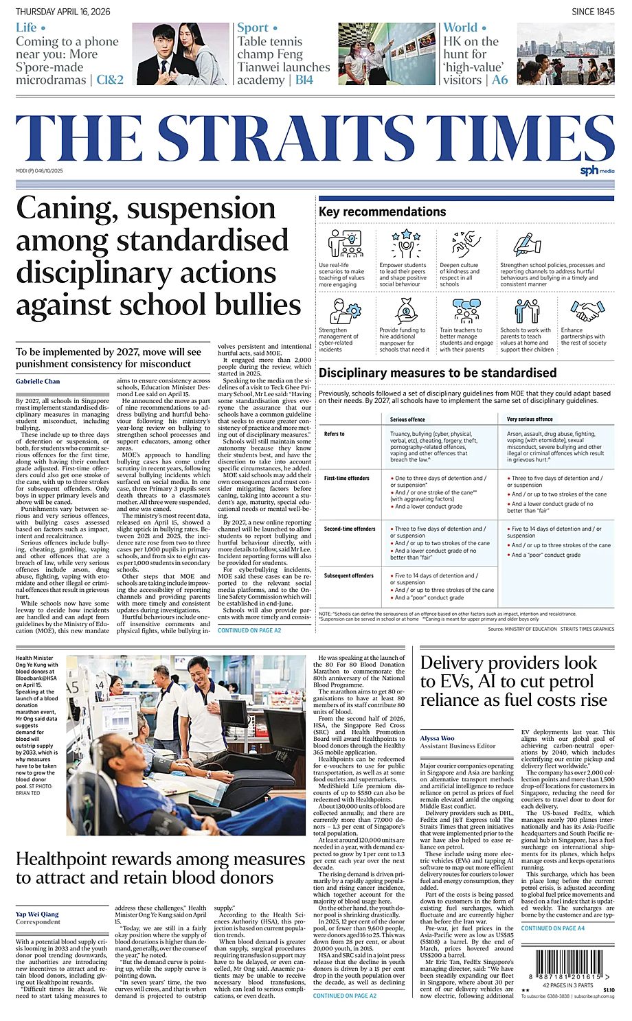 Prima pagina The Straits Times di oggi - Edicola 16 Aprile 2026