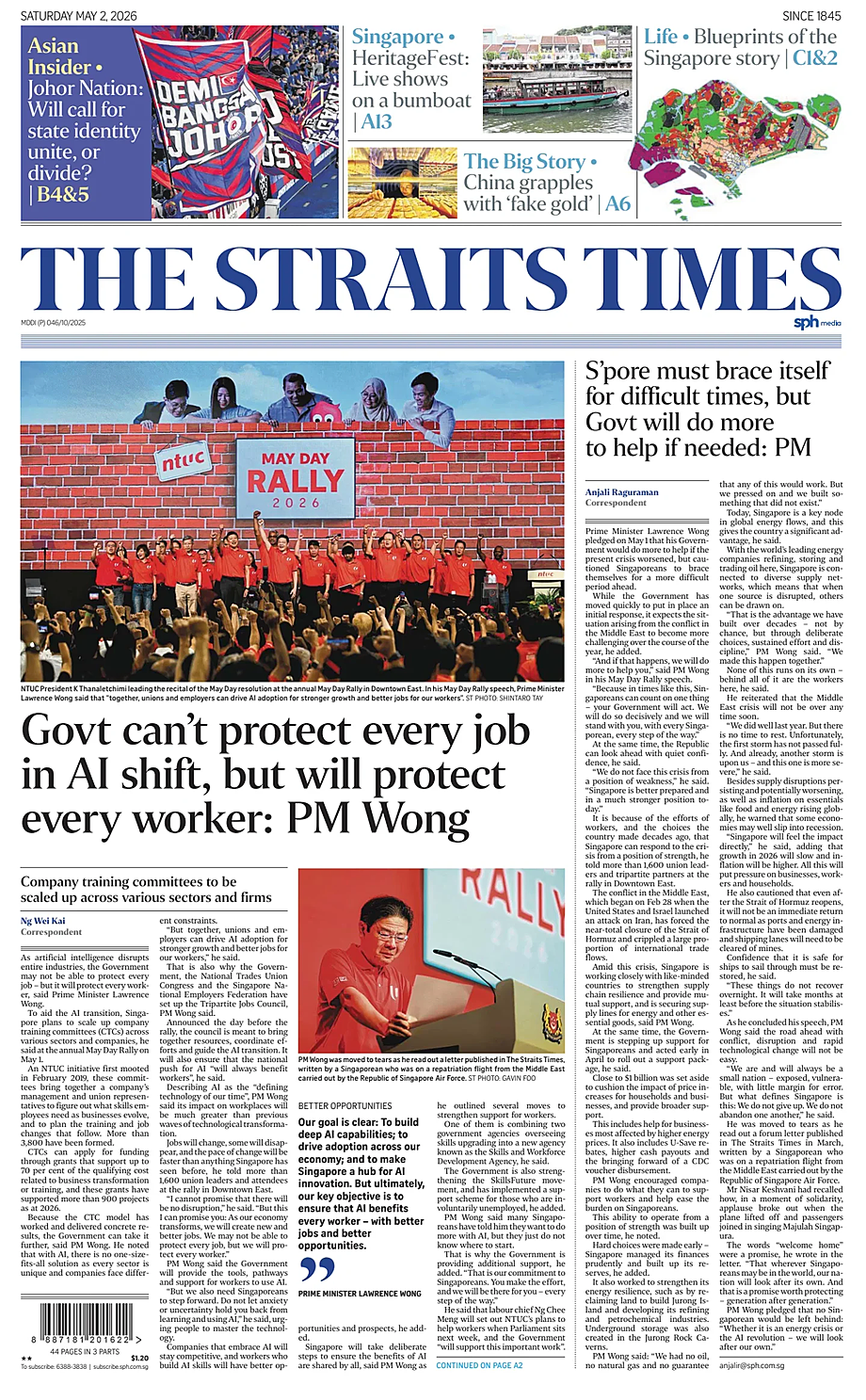 Portada The Straits Times de hoy - Quiosco 2 mayo 2026