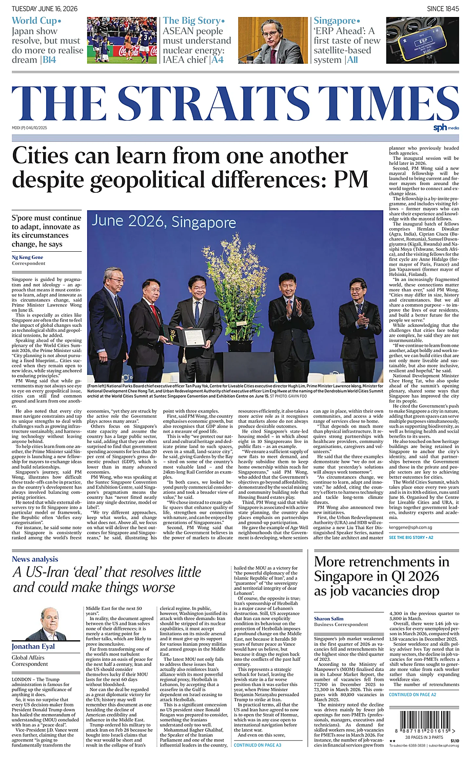 Portada The Straits Times de hoy - Quiosco 16 junio 2026