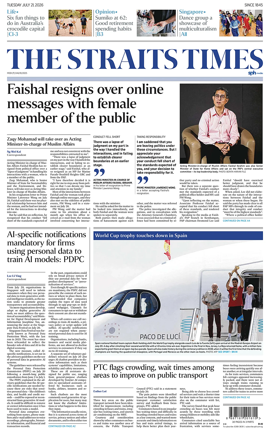 Prima pagina The Straits Times di oggi - Edicola 21 Luglio 2026