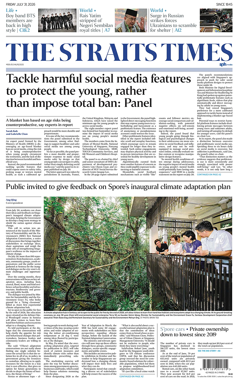 Portada The Straits Times de hoy - Quiosco 31 julio 2026