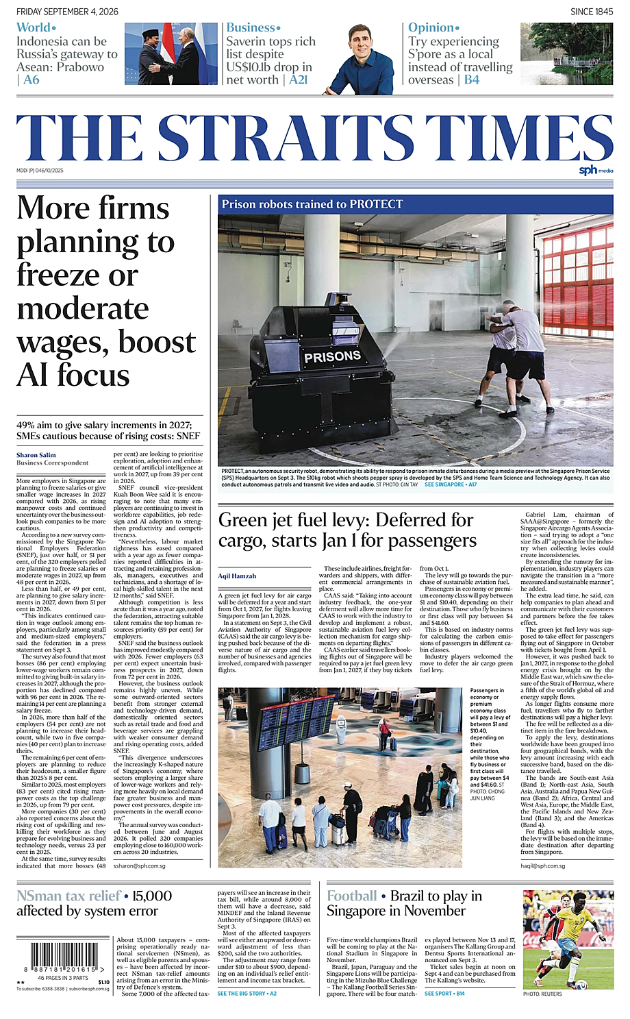 Prima pagina The Straits Times di oggi - Edicola 4 Settembre 2026