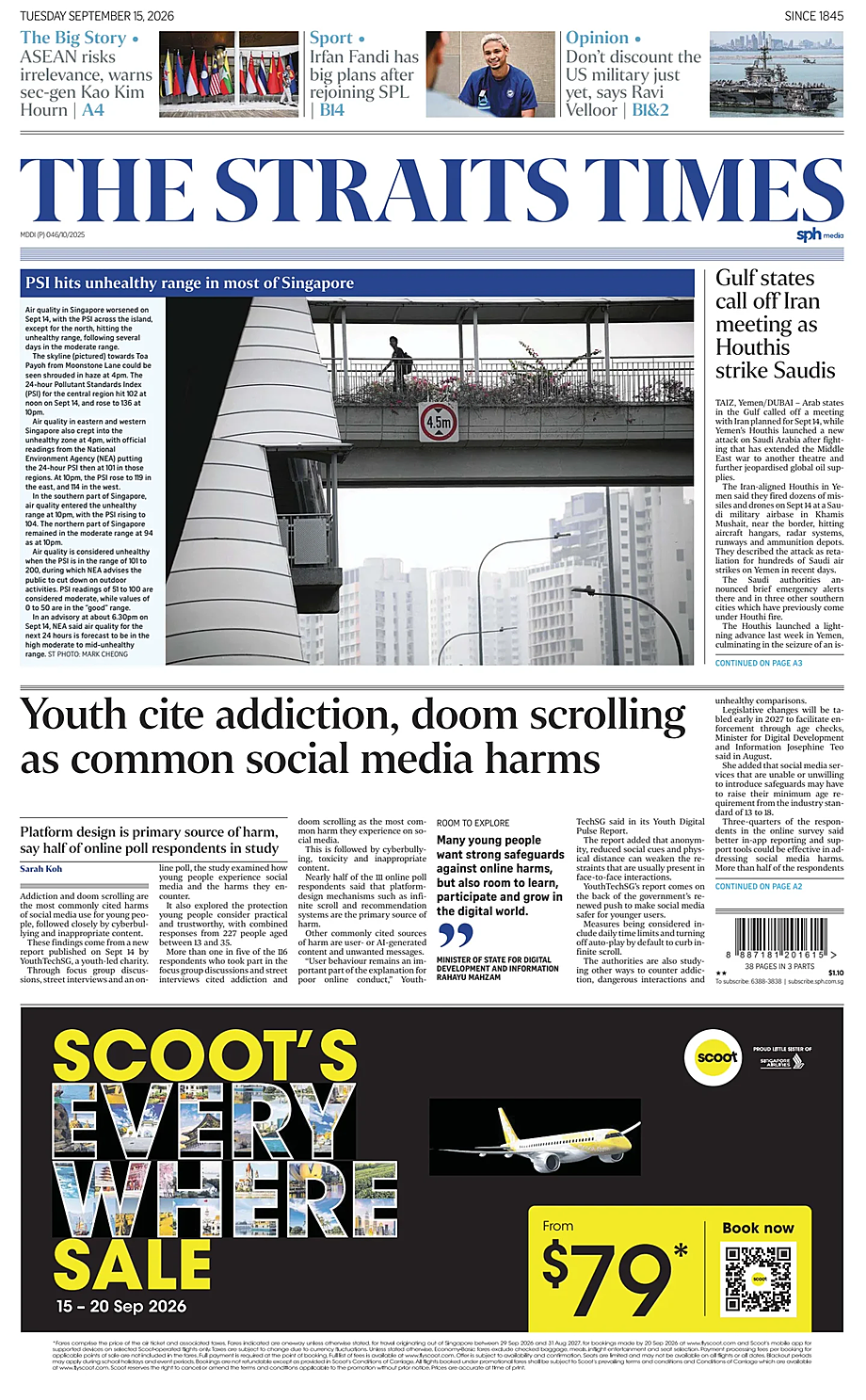 Portada The Straits Times de hoy - Quiosco 15 septiembre 2026