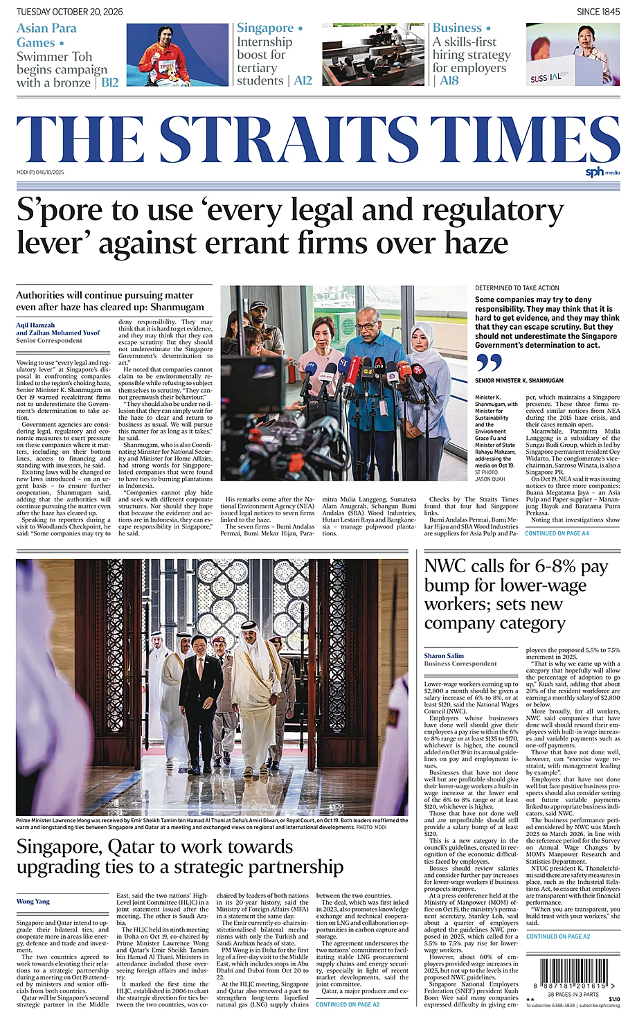 Prima pagina The Straits Times di oggi - Edicola 20 Ottobre 2026