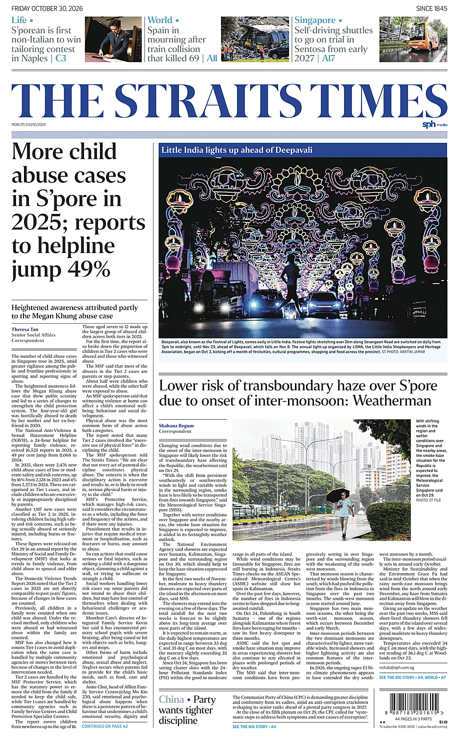 Portada The Straits Times de hoy - Quiosco 30 octubre 2026