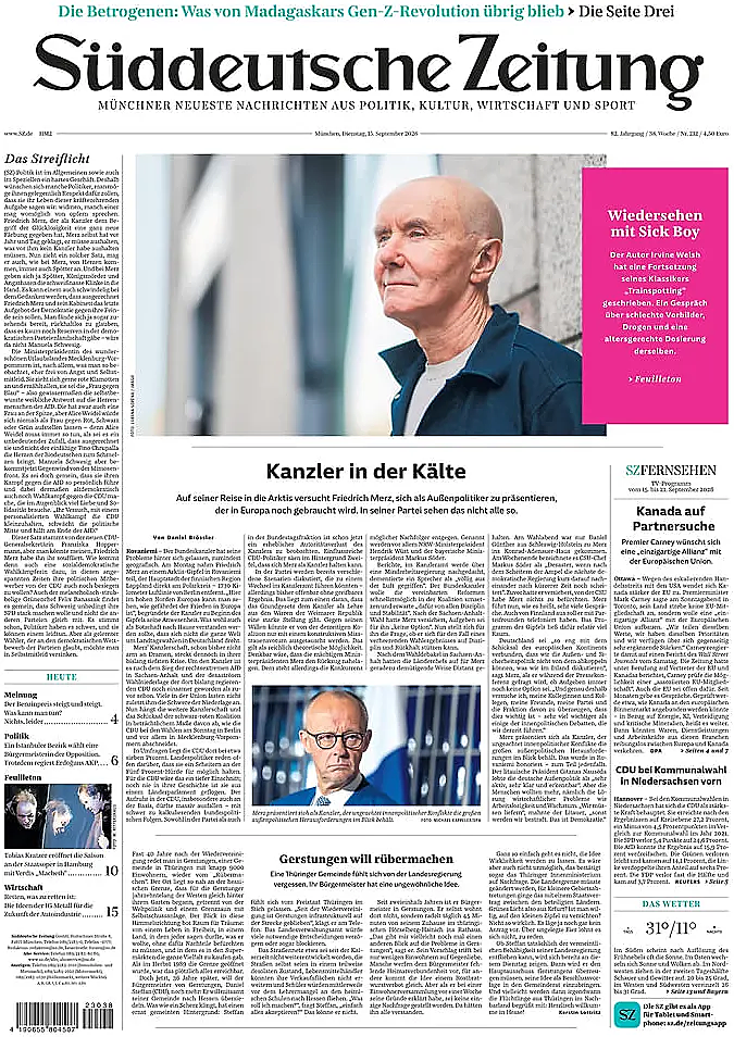 Titelseite von Süddeutsche Zeitung heute - Presse 15 September 2026
