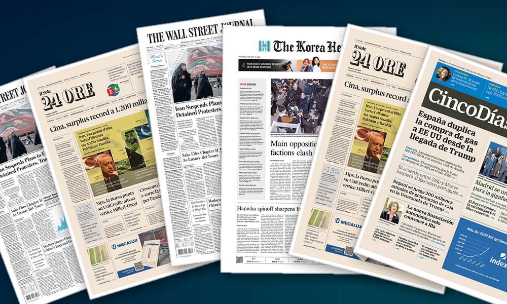 Collage delle prime pagine analizzate: Surplus cinese, banche e industria in primo piano