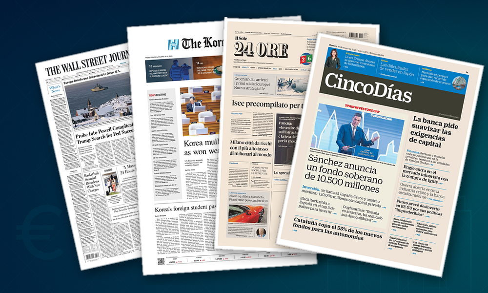 Collage delle prime pagine analizzate: Spread in calo e PNRR, banche in spinta