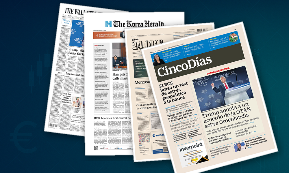 Collage delle prime pagine analizzate: Geopolitica, banche e fisco dominano le aperture