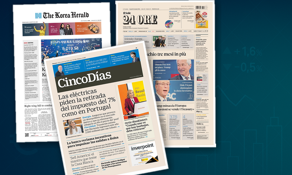 Collage delle prime pagine analizzate: Pensioni, mercati e dazi in prima pagina