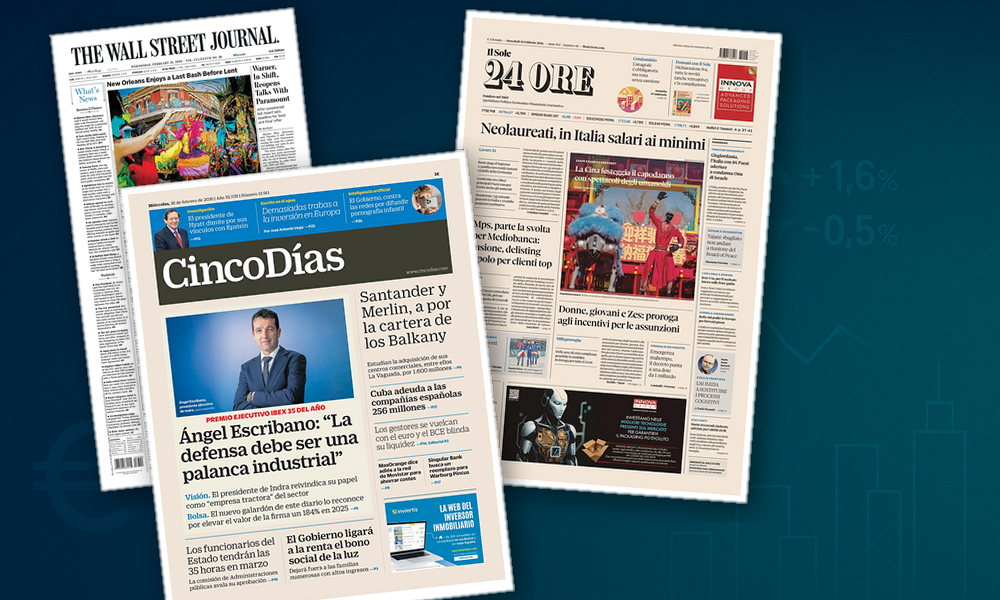 Collage delle prime pagine analizzate: Salari, banche e M&A dominano le prime pagine