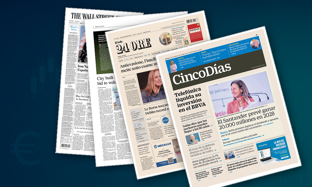 Collage delle prime pagine analizzate: AI, mercati e fisco al centro