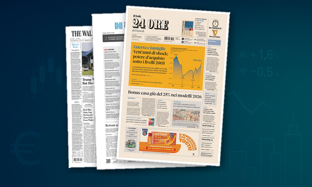 Collage delle prime pagine analizzate: Energia cara, famiglie sotto stress e mercati nervosi