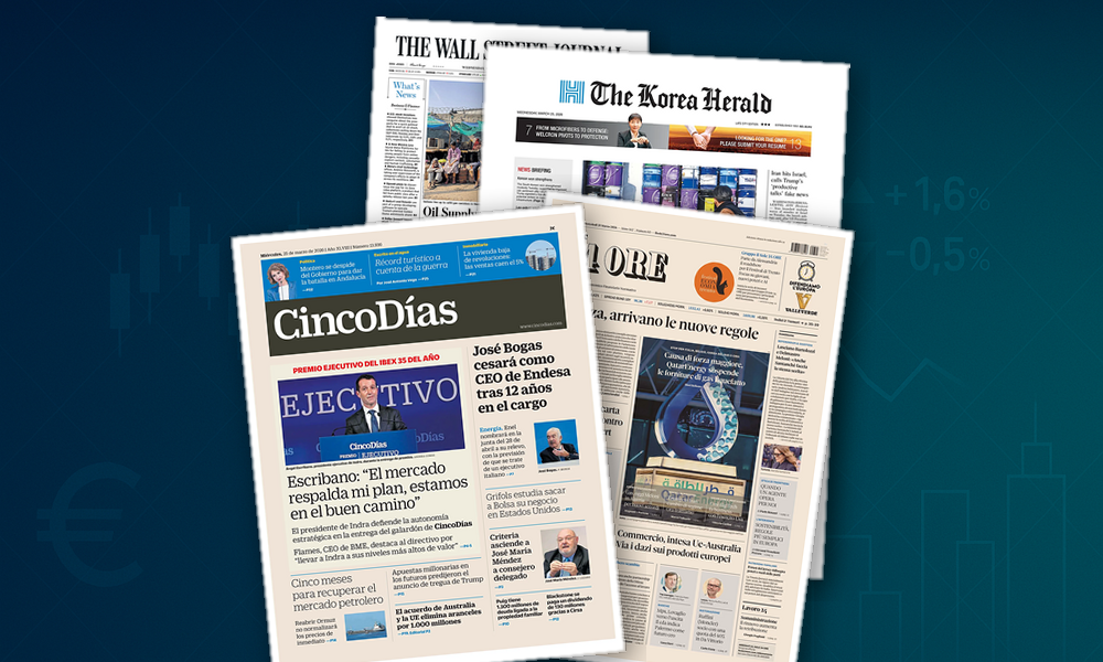 Collage delle prime pagine analizzate: Energia, regole finanziarie e governance in vetrina