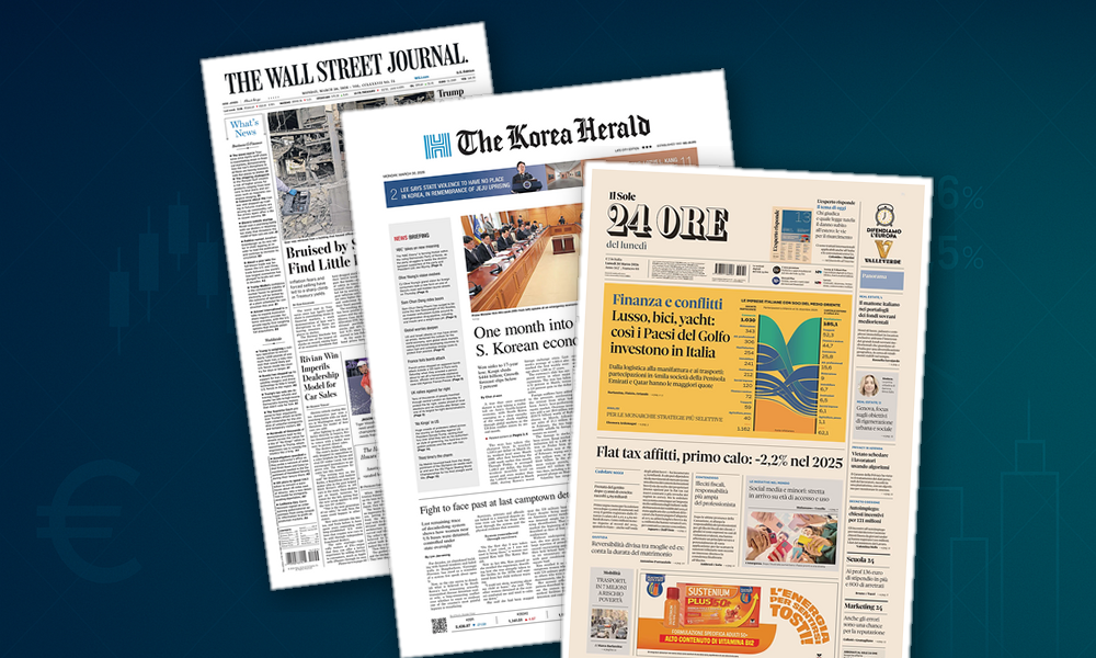 Collage delle prime pagine analizzate: Golfo, fisco e mercati agitano l’economia