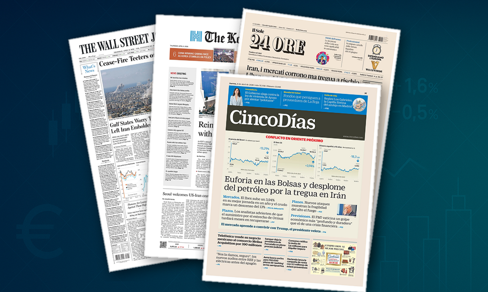 Collage delle prime pagine analizzate: Borse in festa, petrolio giù, tregua fragile