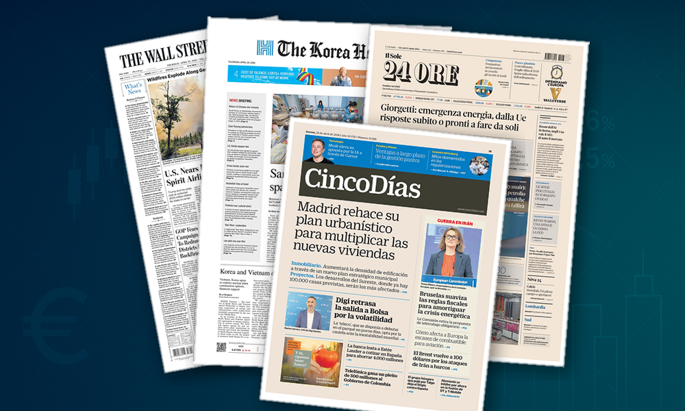 Collage delle prime pagine analizzate: Energia, cieli e conti sotto pressione