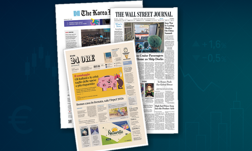 Collage delle prime pagine analizzate: Fisco stretto, transizione e rally tech