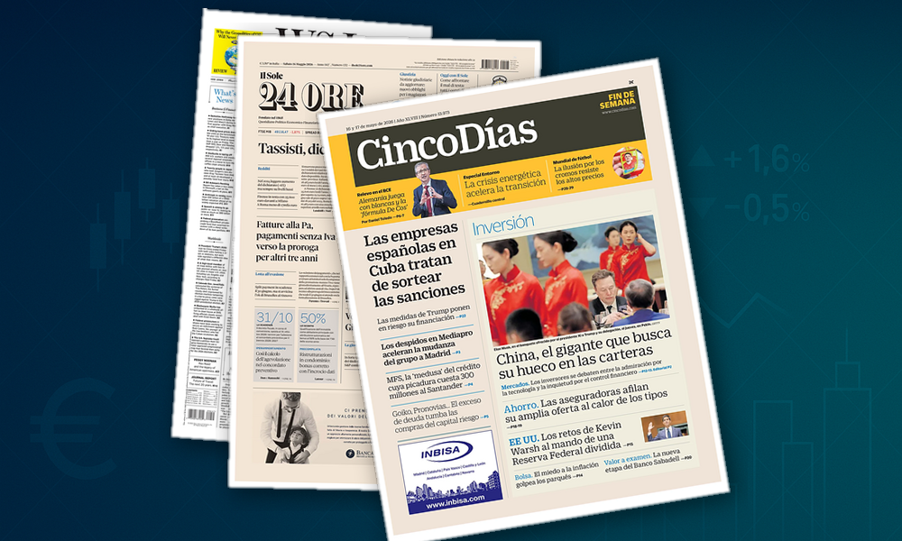 Collage delle prime pagine analizzate: Borse giù, Italia tra fisco e industria
