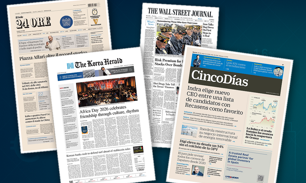 Collage delle prime pagine analizzate: Record a Piazza Affari, rotta industriale