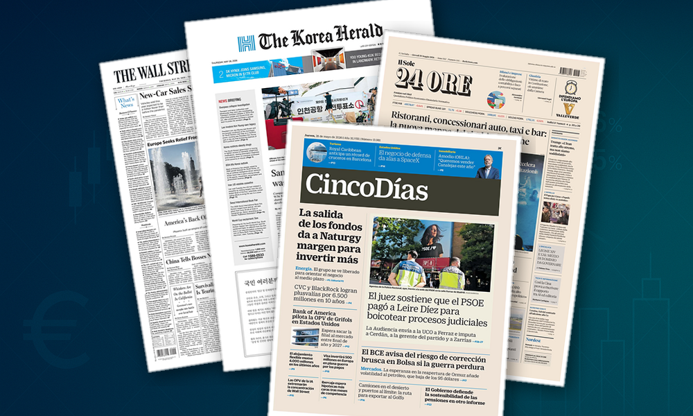 Collage delle prime pagine analizzate: Fisco, mercati ed energia guidano la giornata