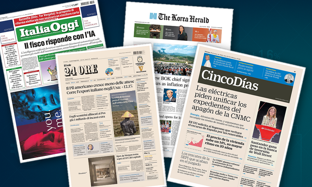 Collage delle prime pagine analizzate: Fisco digitale, export in corsa e banche in moto