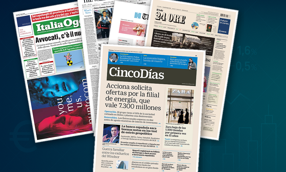 Collage delle prime pagine analizzate: Fisco, energia e banche guidano la giornata