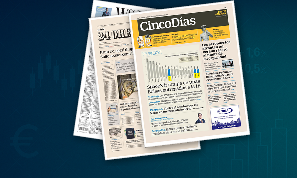 Collage delle prime pagine analizzate: Mercati nervosi, margini di spesa e strette fiscali