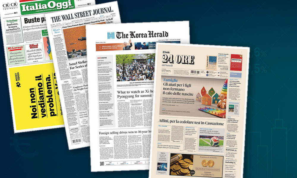 Collage delle prime pagine analizzate: Paghe trasparenti, fisco e transizione