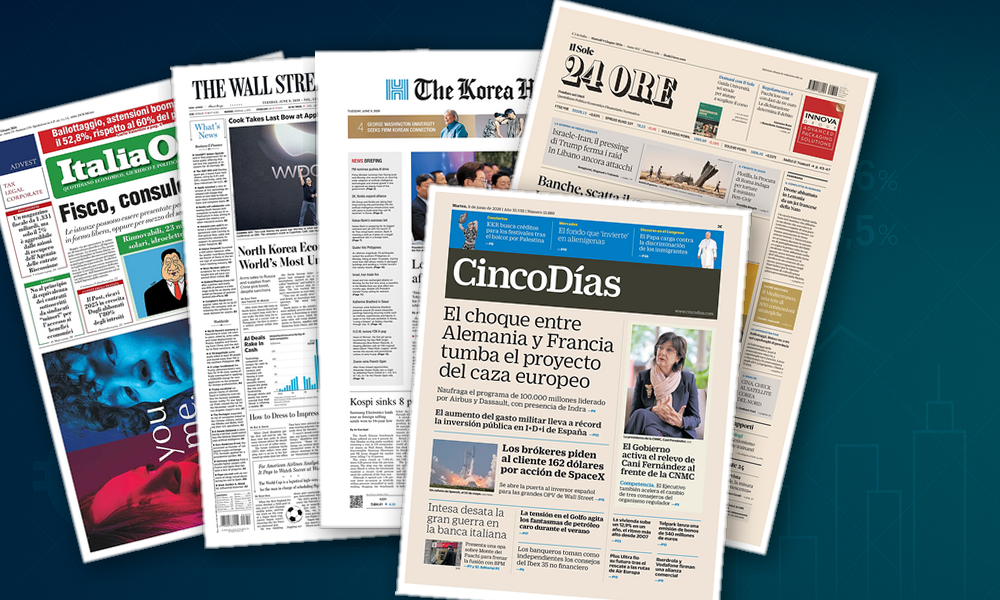 Collage delle prime pagine analizzate: Banche, rinnovabili e BTp in prima pagina