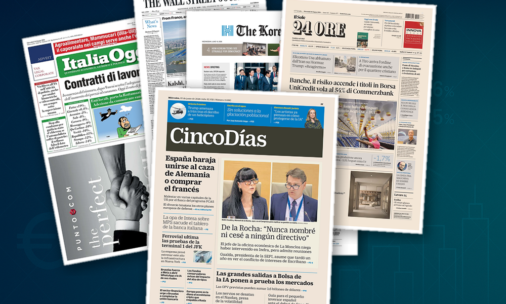 Collage delle prime pagine analizzate: Banche in corsa, salari e fisco