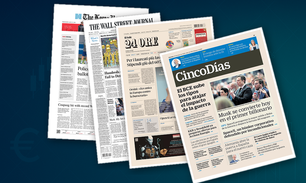 Collage delle prime pagine analizzate: Tassi, salari e innovazione in prima pagina