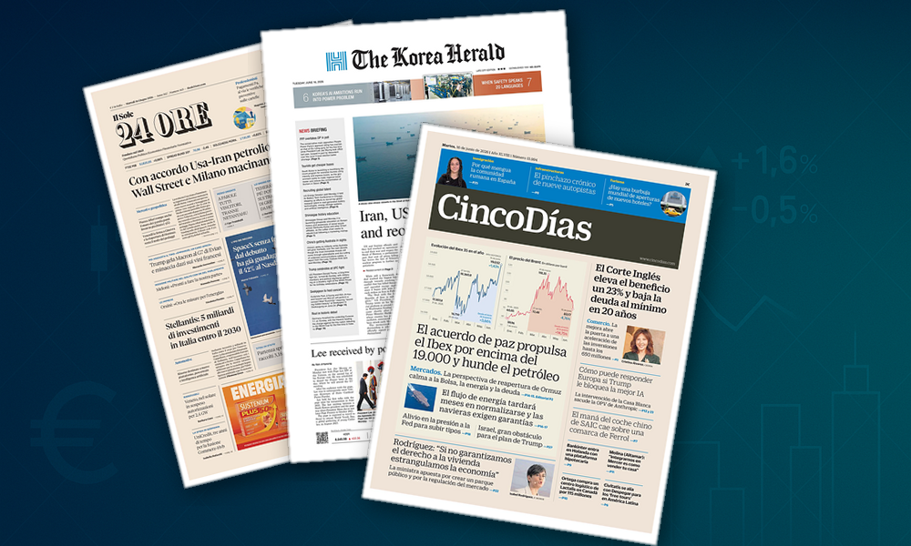 Collage delle prime pagine analizzate: Mercati in festa, energia gi, industria in mutamento