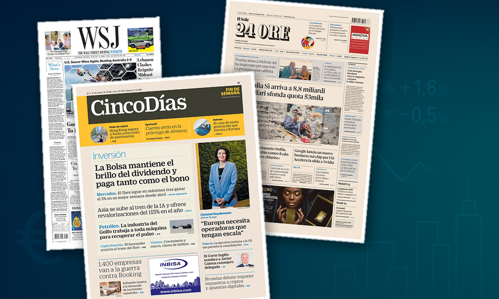 Collage delle prime pagine analizzate: Mercati in euforia, Italia tra BTp e chip