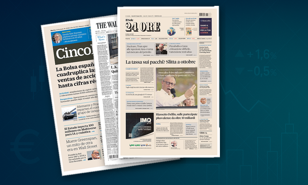 Collage delle prime pagine analizzate: Fisco, banche ed energia in prima pagina