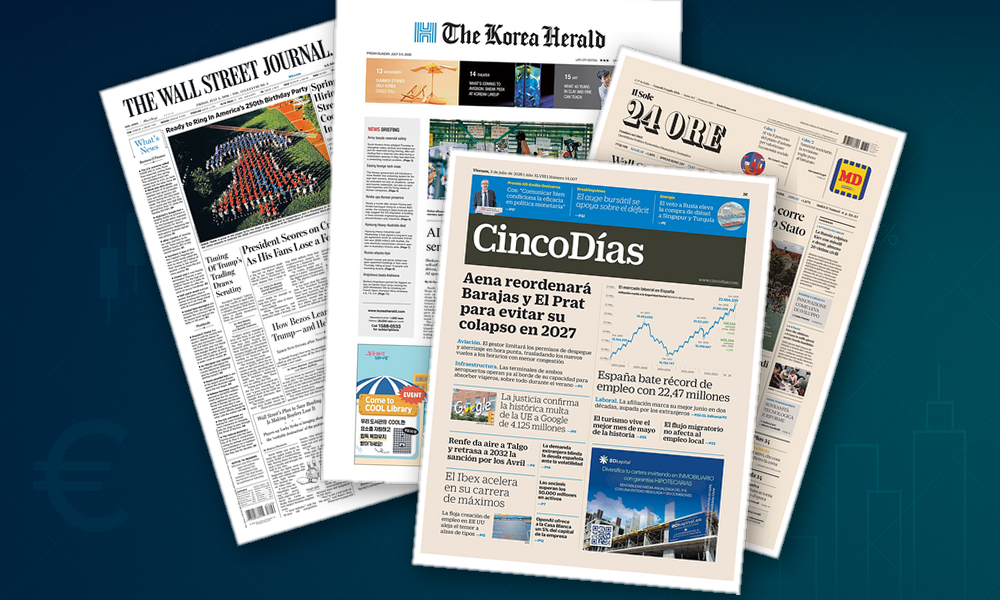 Collage delle prime pagine analizzate: Borse in rincorsa, banche e tech dominano