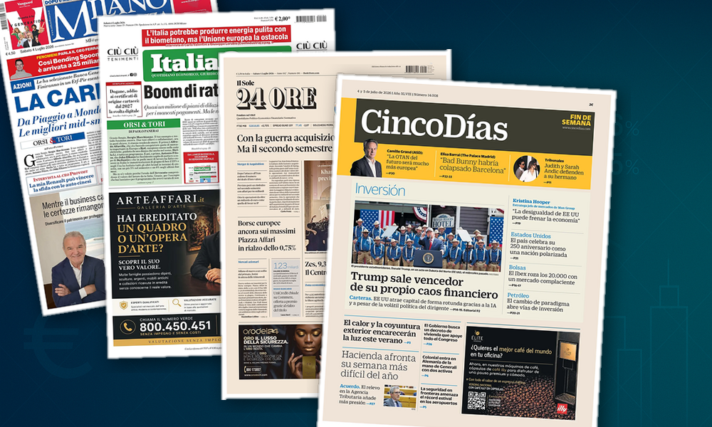 Collage delle prime pagine analizzate: Mercati ai massimi, M&A in frenata