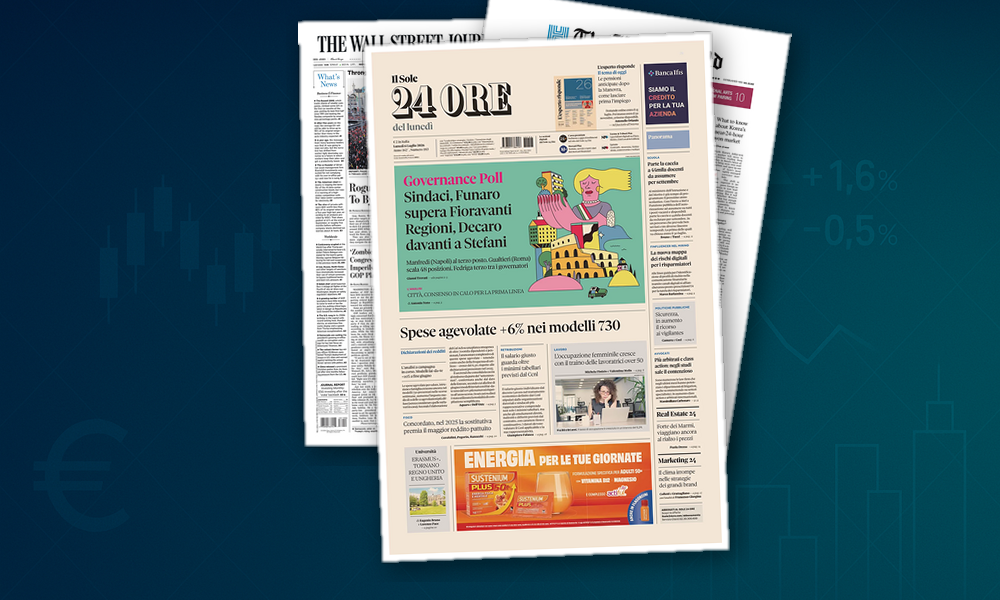 Collage delle prime pagine analizzate: Fisco, mercati e lavoro guidano la giornata