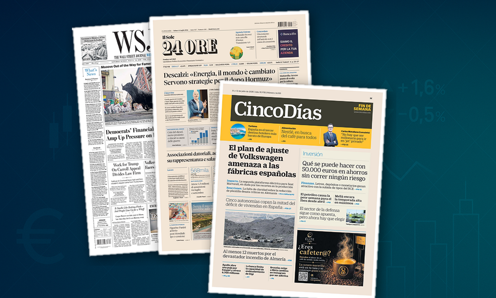 Collage delle prime pagine analizzate: Energia, auto e regolazione digitale