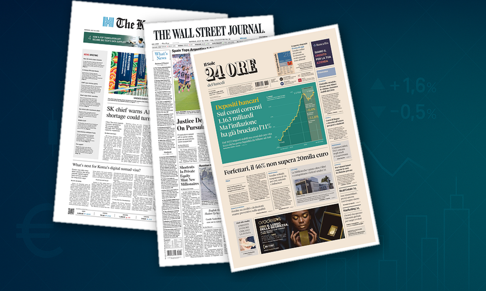 Collage delle prime pagine analizzate: Inflazione erode risparmi, fisco e credito in primo piano