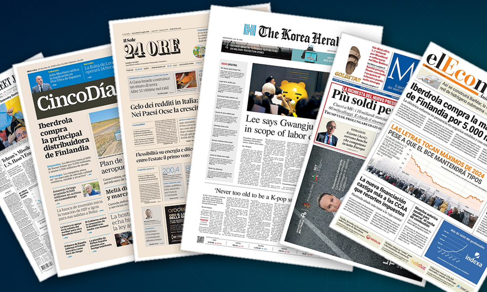 Collage delle prime pagine analizzate: Dazi, redditi gelati e cantieri