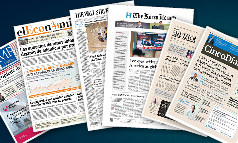 Collage delle prime pagine analizzate: Banche, fisco ed energia guidano l’agenda