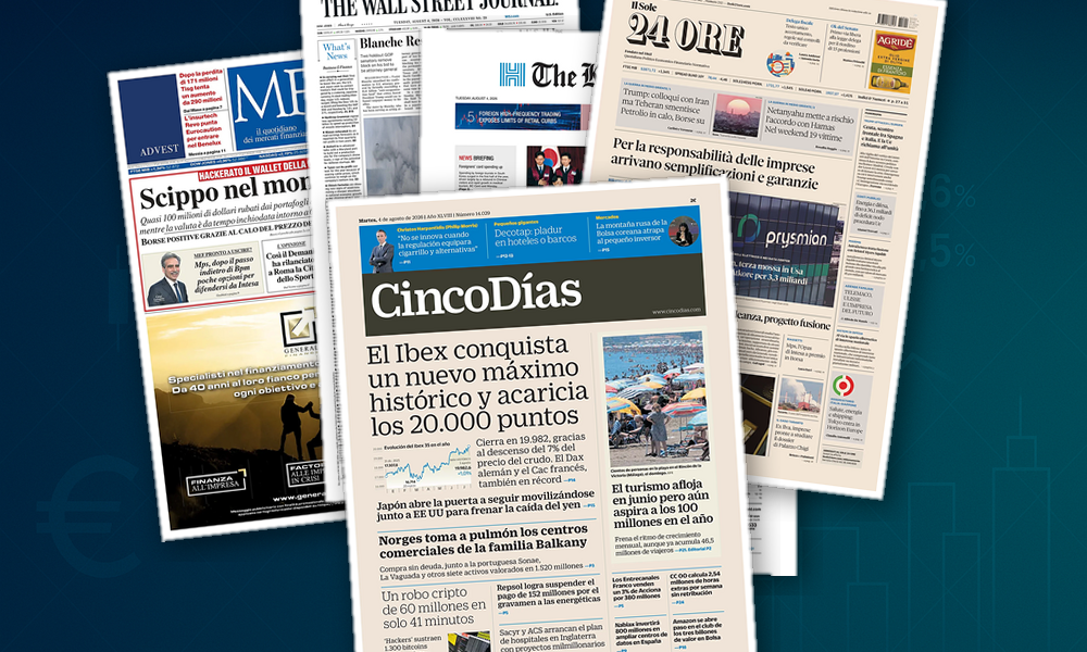 Collage delle prime pagine analizzate: Borse in rialzo, M&A e riforme
