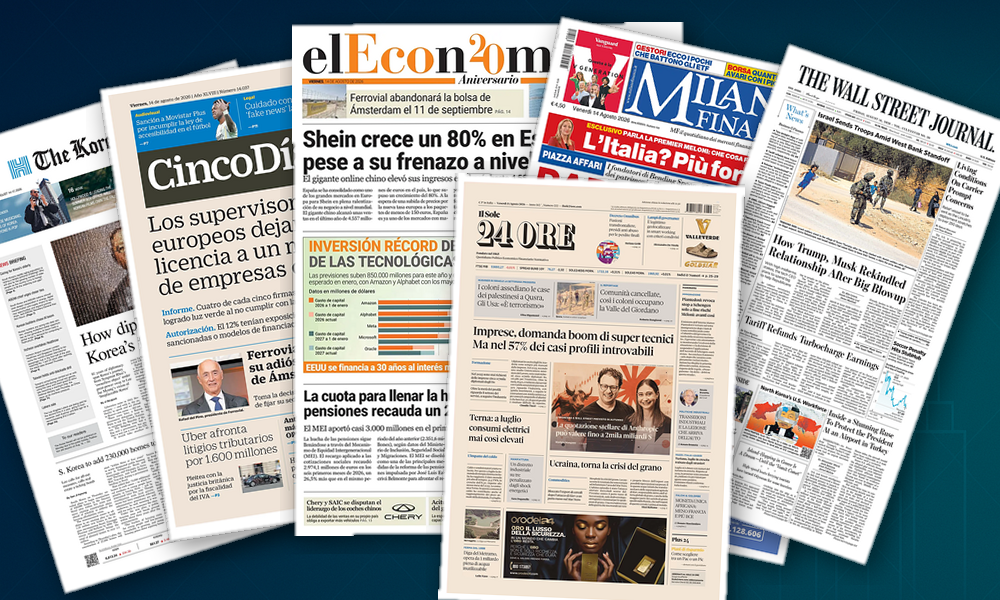 Collage delle prime pagine analizzate: Tecnologia, lavoro e fisco in vetrina