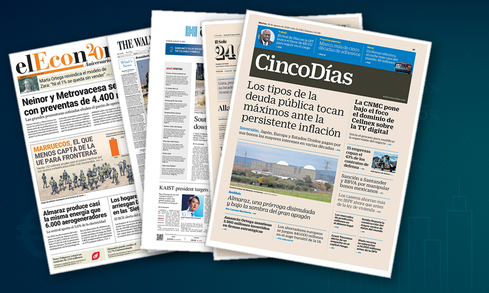 Collage delle prime pagine analizzate: Bolle AI, incentivi 5.0 e banche in moto