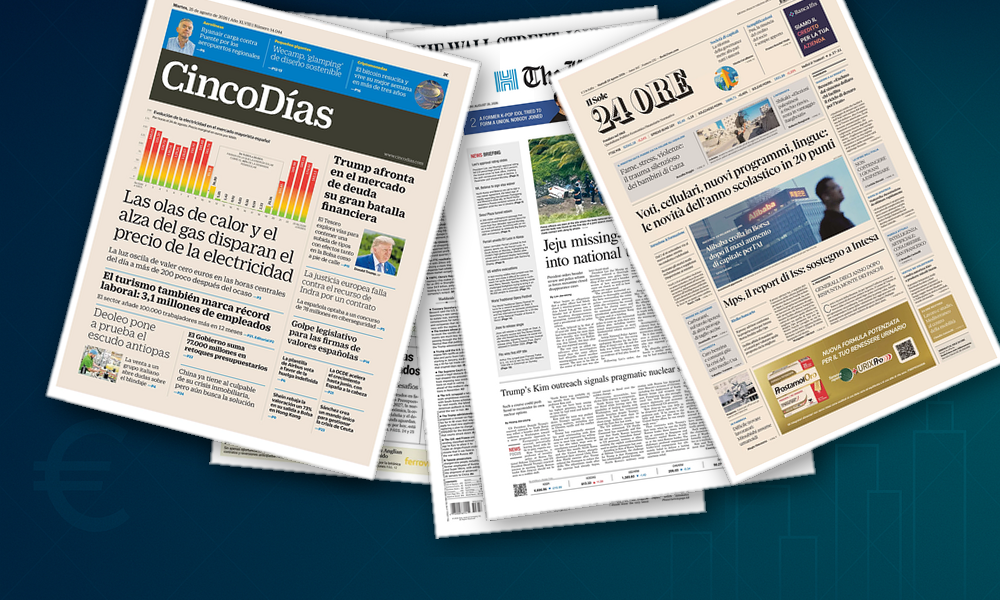 Collage delle prime pagine analizzate: Banche in scacco, mercati nervosi, dazi sull’auto